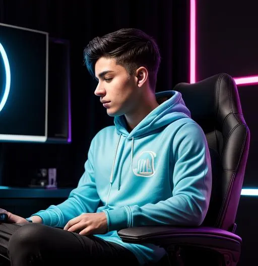 Prompt: /imagine prompt 1: Photography of a realistic futuristic image of a gamer in a gaming setup with a light blue neon theme. The scene features a young adult male, approximately 25 years old, sitting in an ergonomic gaming chair. with gaming dekstop. He has a fair complexion and short dark hair styled in a modern undercut. Dressed in a black gaming hoodie and illuminated by the soft glow of neon lights, he exudes focus and determination. The background showcases a sleek, high-tech gaming rig with state-of-the-art peripherals, including a mechanical keyboard and a high-resolution curved monitor displaying immersive virtual landscapes. The camera captures a medium shot from a slightly high angle, emphasizing the intensity of the gaming session. The lighting style consists of cool blue neon hues that create an otherworldly ambiance. The photograph has a vibrant color palette with rich contrast, enhancing the futuristic aesthetic. The image is expertly composed, adhering to the rule of thirds, with the gamer positioned off-center. Post-processing techniques have been applied, including slight vignetting and color grading to intensify the neon theme. This captivating photograph was captured by a renowned gaming photographer, Alex Chen, known for his ability to capture the essence of virtual worlds in real life. The image reflects the influence of cyberpunk art and gaming culture, creating a visually striking and immersive experience. It evokes a sense of excitement, adventure, and dedication, transporting the viewer into the realm of futuristic gaming. The intricate details of the scene, from the intricate LED patterns on the gaming peripherals to the reflections on the gamer's glasses, add depth and realism to the photograph. This remarkable image has been featured on various gaming websites and has won accolades for its exceptional composition and technical finesse. --s 1000