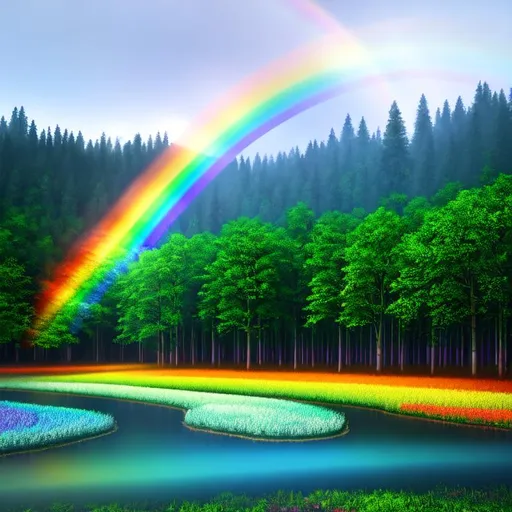 Prompt: Please draw a perfect rainbow on earth. Slightly dark and foggy weather. Draw very realistic forests and houses in the future, a painting photography technique, amazing colors, blender render --s 500 --v 5, 1 --version 5, 1 