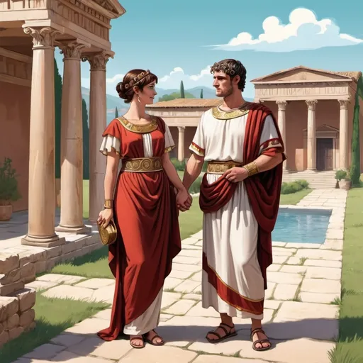 Prompt: Roman aristocrats in tunics, animated (cartoon) style, engaged in negociation, breathtaking ancient Roman villa backdrop,