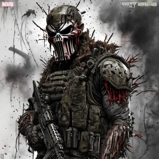 Prompt: Redesigned Gritty dark camouflage. intense futuristic military commando-trained villain Todd McFarlane's punisher Spawn. Bloody. Hurt. Damaged mask. Accurate. realistic. evil eyes. Slow exposure. Detailed. Dirty. Dark and gritty. Post-apocalyptic Neo Tokyo with fire and smoke .Futuristic. Shadows. Sinister. Armed. Fanatic. Intense. 