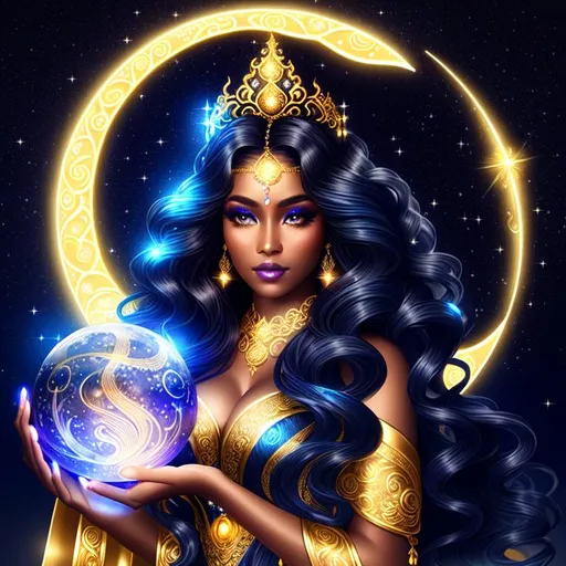 Prompt: A beautiful moon goddess, large nose, ((intricate long flowing curly hair)), ((gold filigree hair decoration)), black skin, (long flowing blue gown), (holding a glowing moon) ethereal, luminous, fireflies, night sky, neon light trails, glowing, nebula, celestial, trails of light, sparkles, 3D lighting, celestial, gold filigree halo, soft light, vaporwave, fantasy