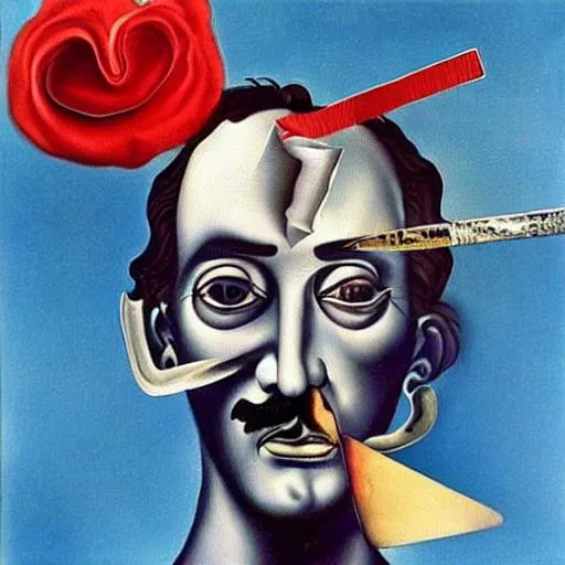 Prompt: Salvador Dali's Painting of I can make you beautiful, Snip, Snip, my scissors snap closed slicing through slick tendons, smoking smooth stainless scissors snip snipping through flesh a little here a little there taking the dark hateful tissue. Snip, snip sticky chrome red scissors. heavy in my hands as love runs down and drips to the floor, love is a sticky business. Cut it out they say, cut it short they say, Ok. I cut it. Now what? triadic colors, backlit, autopsy