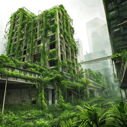 Prompt: Abandoned city overgrown by plants

