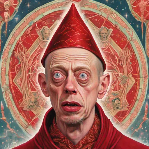 Prompt: A detailed portrait of Steve Buscemi as a Red Wizard of Thay. He is bald, with tattoos on his head, and his expression marks him as a pervert.