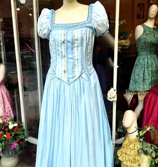 Prompt: photo of a traditional 1970's  Gunne Sax formal dress
on a mannequin, traditional 1970's window display 