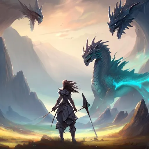 Prompt: simple concept art, fantasy landscape women knight seeing a dragon in the horizon, cartoon style, full body, hd
































