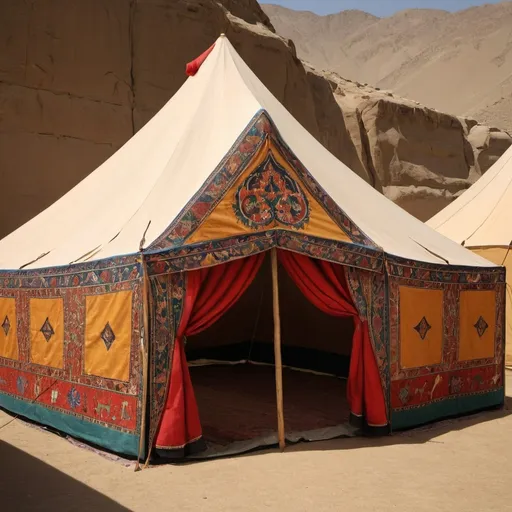 Prompt: I am a high  school student which will create a presentation about tents in the silk route used in the 7th to 9th century generate an image of a tent which contains: Colors and design elements typical of Persian, Chinese, Islamic, Sogdian, Turkish, and Byzantine cultures, on the tents, the tent needs to look commercial and cosmopolitan.