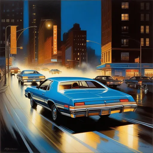 Prompt: Driver Parallel, car chase, late 70's, New York City at night, realistic, warm blue atmosphere, extremely detailed painting by Greg Rutkowski and by Henry Justice Ford and by Steve Henderson