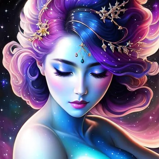 Prompt: Cosmic Epic Beautiful Nebula (Beautiful melancholy {goddess}female liquid satin}, Beautiful 