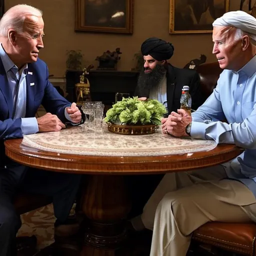 Prompt: joe biden and taliban talking at an table

