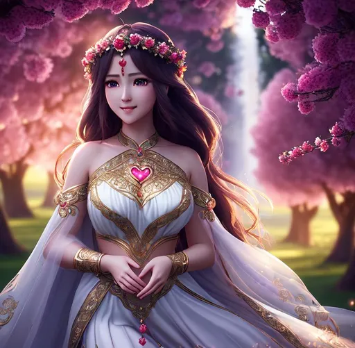 Prompt: Happy, Joyful, Affectionate, 3D HD Beautiful [{one}{Goddess}Female, cute and adorable, cute big {heart-shaped}reflective eyes, long flowing hair, beautiful hands]::2, intricate detail, cinematic lighting, expansive cherry orchard background, hyper realistic, 8K --s98500