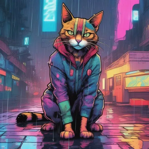 Prompt: A colourful and beautiful house cat in the rain in a cyberpunk world in a marvel comics style
