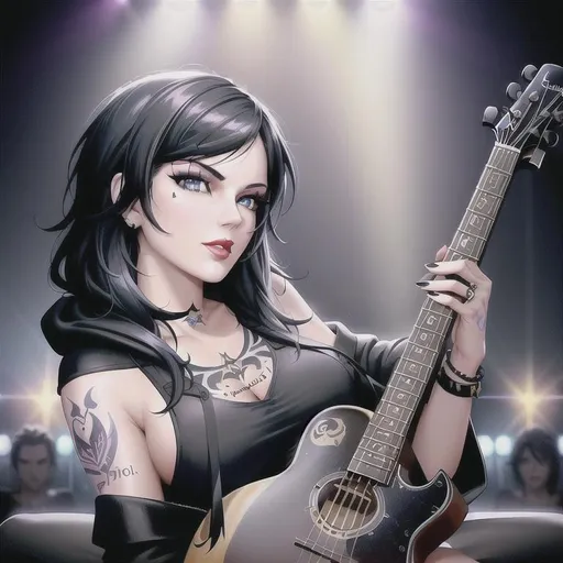 Prompt: classic movie poster

scenic of ultra realistic oil painting of Kat Von D in black hoodie emo top, wearing denim shorts, playing a black electric guitar, beautiful face, beautiful blue eyes, beautiful detailed nose, highly detailed beautiful gloss lips, short black hair with purple highlights, tattoos

preforming live, singing, silhouettes of 4 male band mates in background, bats flying in background

short black hair with purple highlights, screaming, natural light, sunshine, studio lighting, beautiful shading, vintage, cozy,

masterpiece, intricate highly fluid gouache illustration drip, volumetric lighting maximalist photo illustration 4k, resolution high res intricately detailed complex, soft focus, digital painting, digital art, clean art, elegant, professional, colorful, rich deep color concept art, CGI winning award, highly realistic, UHD, HDR, 8K, RPG, inspired by wlop, Painting By Olga Shvartsur, UHD render, HDR render, 3D render cinema 4D