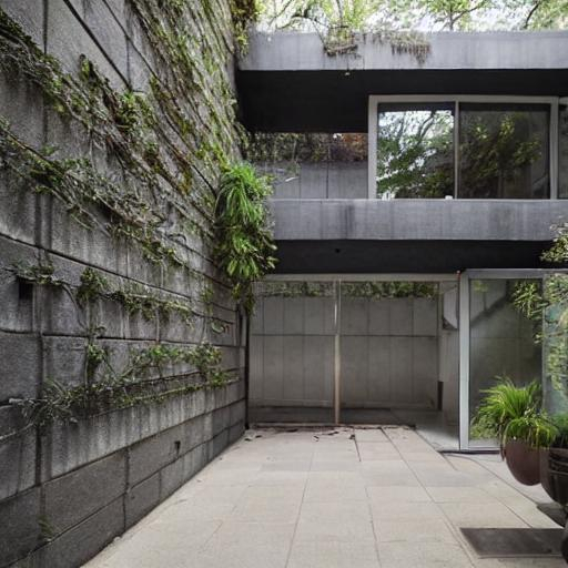 an enclosed courtyard a brutalist architecture with... | OpenArt