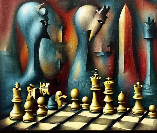 Prompt: Abstract chess pieces oil painting in style of hieronymous bosch