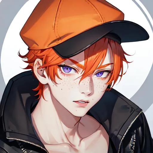 Prompt: Erikku male (short ginger hair, freckles, right eye blue left eye purple) muscular, UHD, 8K, Highly detailed, insane detail, best quality, high quality. wearing a sideways baseball cap, black jacket, black shorts, streetwear