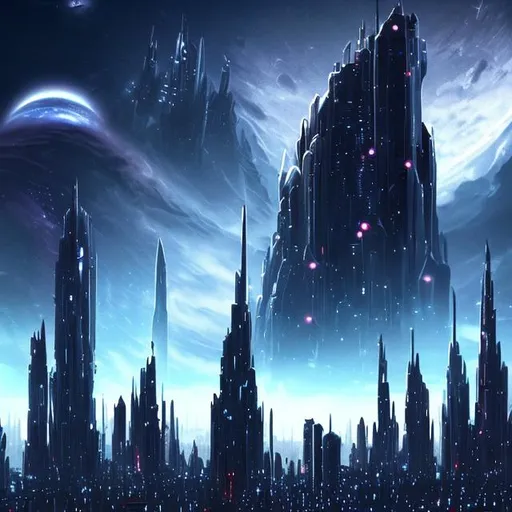 Prompt: Futuristic Tall black towers on deep dark ocean dark sky spaceships night lights hover ships dark tall city lots and lots of small floating ships hovering above clouds big planet with rings closeby spaceships hovering