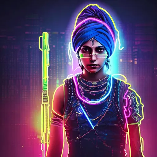 Prompt: Sikh girl warrior cyberpunk neon light 