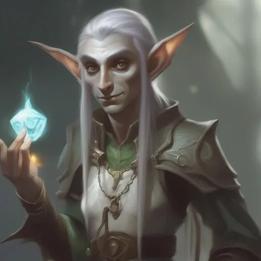 Prompt: eladrin dnd arcane trickster hi res, pale creepy looking elf, picking lock with magic