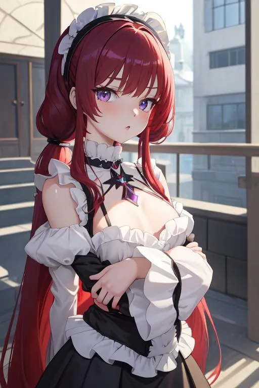 Prompt: Ekaterina Kraeva from Seikon no Qwaser, masterpiece, best quality, anime wide eyes, platinum red hair, amethyst eyes,  1little girl, 11yo, long twintail hair, black gothic Lolita dress, big chest, thick hips, (small breasts:0.7), thick thighs, (wide hips:1.7), looking at viewer, simple background, cartoon_portrait, <lora:cartoon_portrait_v2:0.5>,