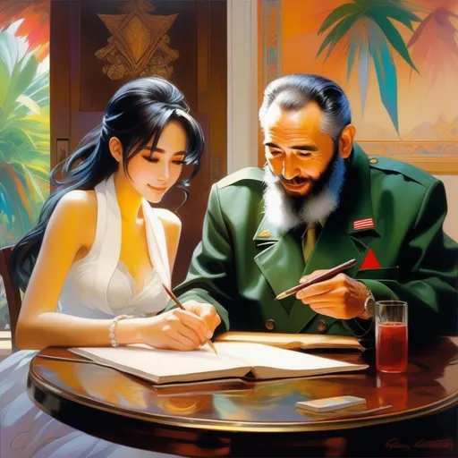 Prompt: Fidel Castro meets anime girls, anime style, extremely detailed painting by Greg Rutkowski and by Henry Justice Ford and by Steve Henderson 