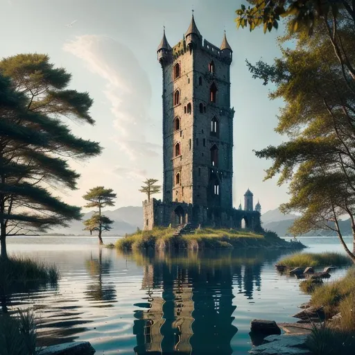 Prompt: very far view, a medieval abandoned slim tower on a little island in a lake, dark, detailed water, by greg rutkowski, by raymond swanland, by artgerm, trending on artstation, ultra realistic digital art, highly detailed, digital painting, concept art, smooth, sharp focus, illustration 4k, uhd