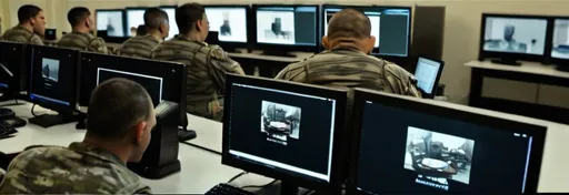 Prompt: a soldier sitting in front of a computer monitor in a room filled with soldiers working on computers on desks, Avigdor Arikha, les automatistes, david lazar, computer graphics