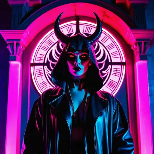 Prompt: demon, hell, demonic, gothic, vaporwave, retro, neon, aesthetic, liminal, high quality, high definition, beautiful, dramatic lighting