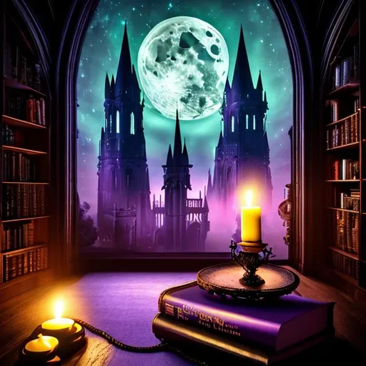Prompt: HD, 4K, 3D, Stunning, magic, cinematic camera, interior design,gothic witch studio room, ethereal,chaise longue, full moon outside, gorgeous gothic windows,bookshelf, light contrast, witchy ambient, purple and green sunstrails, moon glow, cauldron, magic books, 
