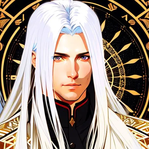 Prompt: Upper body portrait of Sephiroth, 31 years old, long white hair, tan skin, soldier clothes, intricate, detailed face. by Ilya Kuvshinov and Alphonse Mucha. Dreamy, sparkles