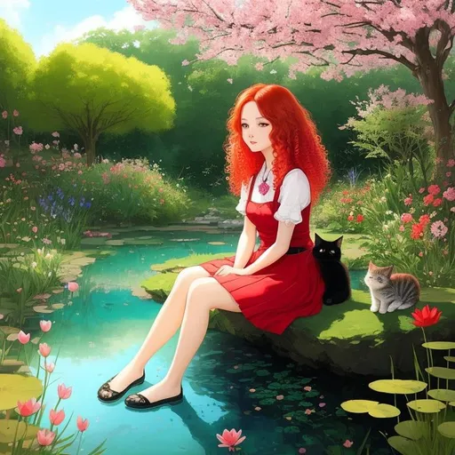 Prompt:  A very cute girl, curly gradient red hair,  sitting in a garden next to a pond with her feet inside it's crystal clear waters. Her cute fluffly cat is right by her side resting its head on her shoulder. Spring time.  Art the style by Duy Huyn, Esao Andrews, Catrin Welz-Stein, Susan Rios and laura Diehl.