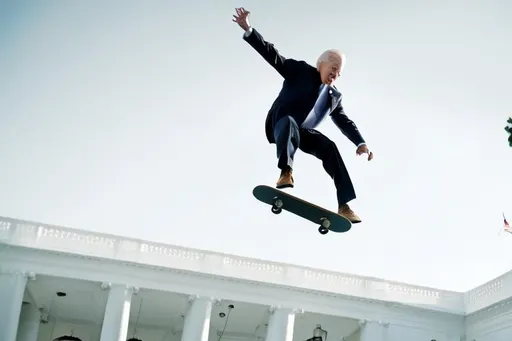 Prompt: joe biden doing a kickflip in front of the white house