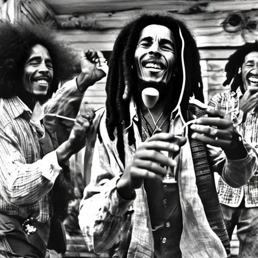 Prompt: bob marley dancing with melly, old place but fancy, with 3 mans drinking wine and enjoying, and a time travler, he is recording bob marley and those 3 mans dancing