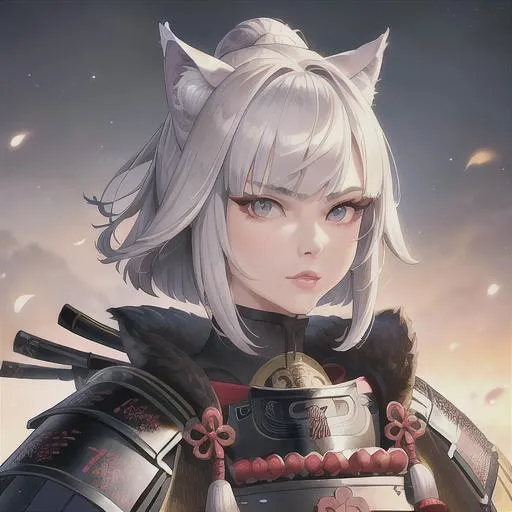 Prompt: (masterpiece, illustration, best quality:1.2), wolfcut hairstyle, grey hair, white eyes, wearing samurai armour, death stare, best quality face, best quality, best quality skin, best quality eyes, best quality lips, ultra-detailed eyes, ultra-detailed hair, ultra-detailed, illustration, colorful, soft glow, 1 girl,  traditional Japanese village as background