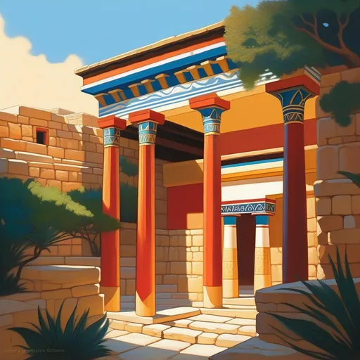 Prompt: Knossos Palace, bronze age, warm atmosphere, cartoony style, extremely detailed painting by Greg Rutkowski and by Henry Justice Ford and by Steve Henderson 

