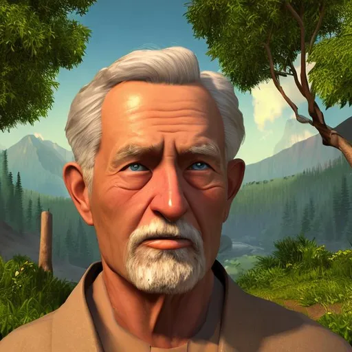 Prompt: old man portrait
left side nature
right side virtual world
