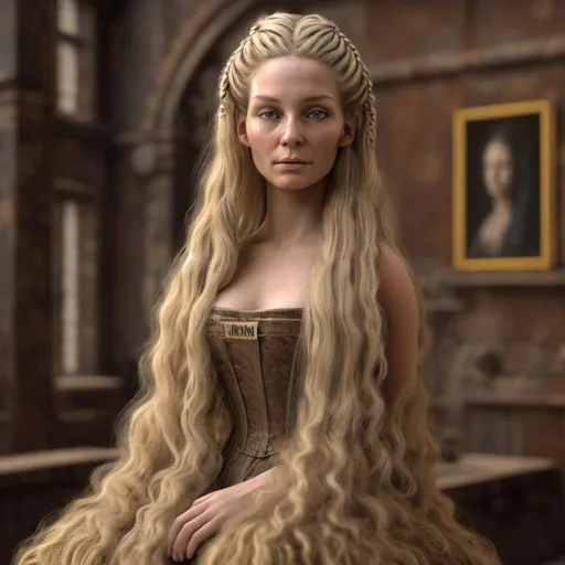 Prompt: A beautiful size 8 woman of the industrial age with long flowing dirty blonde hair sitting for a portrait in a highly detailed room 8k
