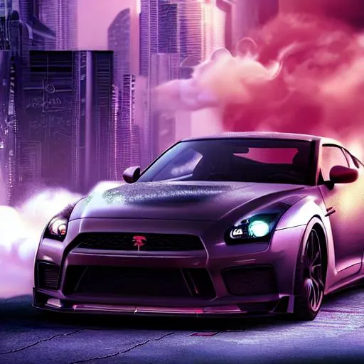 Prompt: 
Create a visually stunning animated art of a GTR 32 in ultra HD 1920/1080 resolution, featuring a sleek black car with a cyberpunk twist. The background should showcase a billowing cloud of smoke from a burnout, adding an edgy and energetic vibe to the piece. Bring the car to life with a unique animation style that adds depth and dimension to every detail, from the reflective sheen of the black paint job to the intricate details of the wheels and body. Let your creativity run wild with this prompt, and showcase the GTR 32 in a way that truly captures its raw power and style

