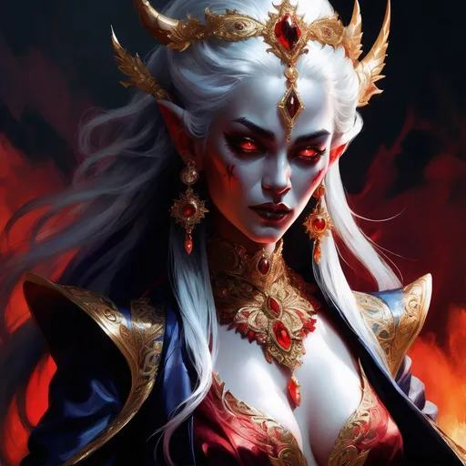 Prompt: Female demon, striking red skin, flowing white hair, adorned in lavish, intricate royal attire, exuding an air of power and elegance, adorned with ornate jewelry and accessories, set against a dramatic, shadowy background, evoking a sense of mystique and allure, high detail, vibrant colors, fantasy realm ambiance.