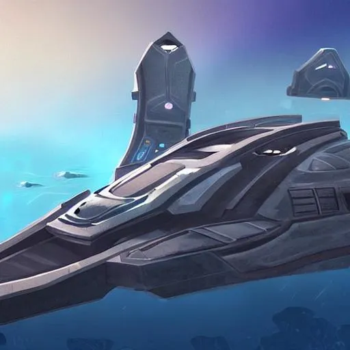 Prompt: concept art of a futuristic fish starship