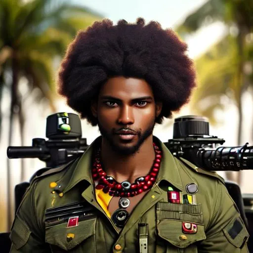 Prompt: photo realistic short bushy messy afro hair, attractive man in 30s bold african features, facing camera, ideal human, muscular athletic frame, mystical eyes, wearing bullets, black gloves, red, yellow green necklace, 85mm lens ,f8, photography, ultra details, natural light, wearing army fatigues,  red low deep eyes