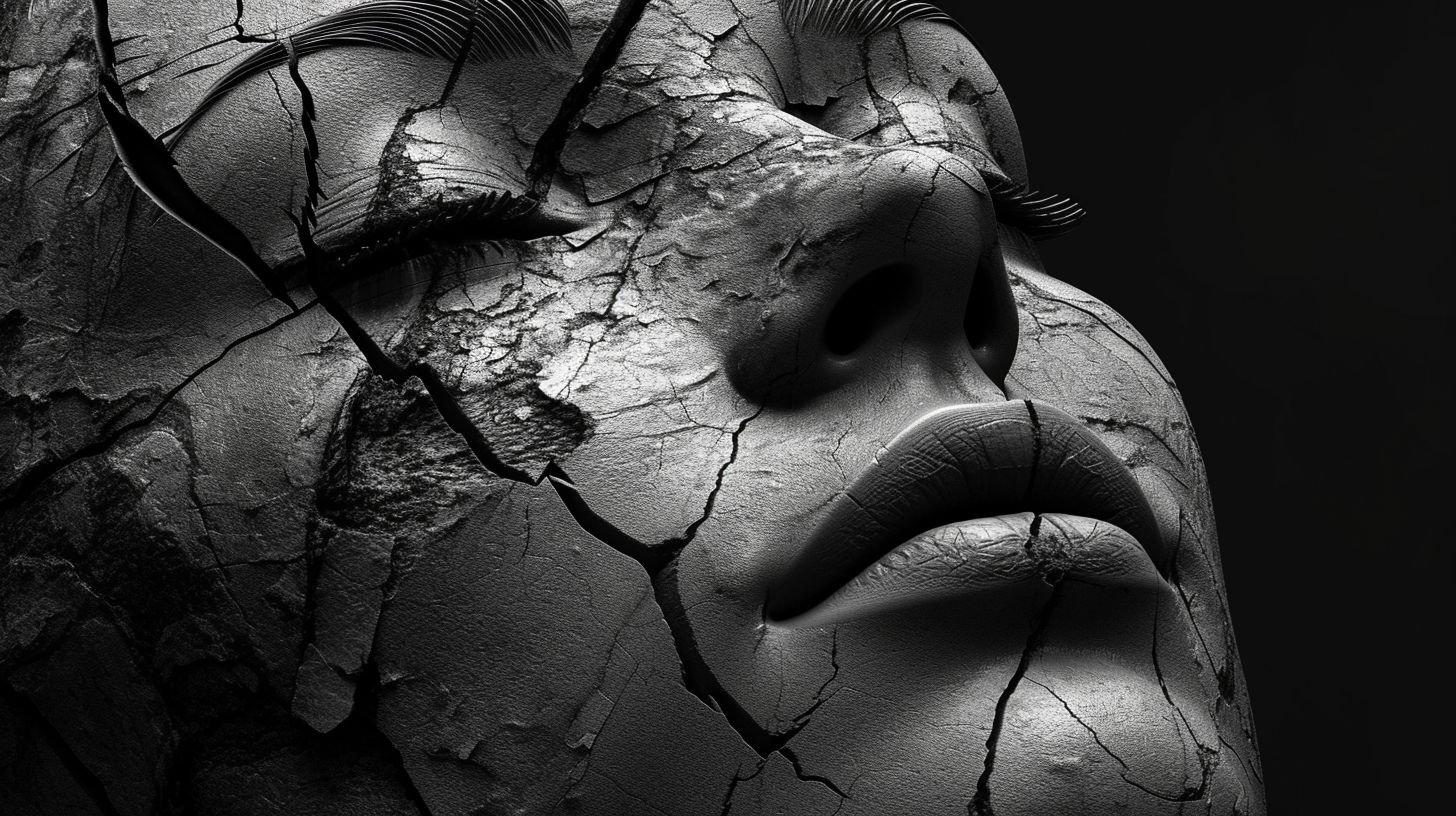 Prompt: Wide image of a 3D-reconstructed woman's face using fractal techniques. The portrayal is steeped in the essence of melancholic symbolism. The face resembles cracked stone sculptures, assembled from puzzle-like segments. The artwork conveys humanistic empathy in a stark black and white palette, with elements appearing slumped or draped.