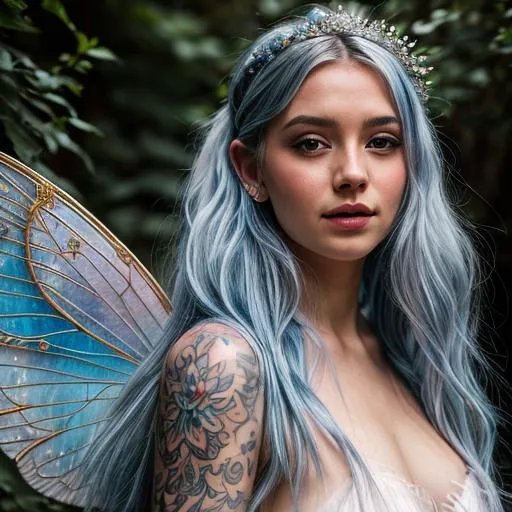 Prompt: Ethereal fairy princess, hd, 4k detail, beautiful, celestial background, blue hair, tattoos