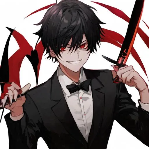 Prompt: Damien  (male, short black hair, red eyes) holding a knife and grinning sadistically 