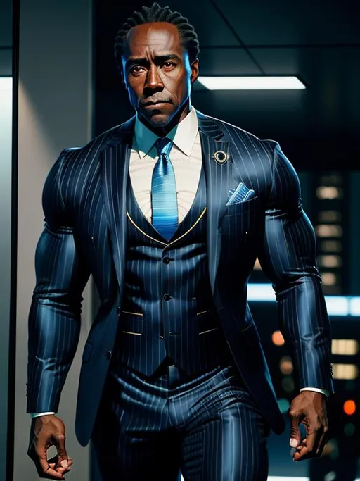 Prompt: perfect composition, {30 year old}, extremely muscular {Don Cheadle} as a bodybuilder, wearing {blue and black pinstriped three piece suit}, extra masculine, peak fitness, determined expression, 8k eyes, detailed face, wlop, stanley artgerm lau, artstation, hd, octane render, hyperrealism intricate details, 8k, cinematic volumetric light, proportional, art trending on artstation, sharp focus, studio photo, intricate details, highly detailed, intricate artwork masterpiece, ominous, intricate, epic, trending on artstation, highly detailed, vibrant, production cinematic character render, ultra high quality model, 