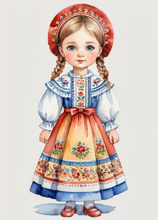 Prompt: young girl, elegant children's dress, Russian folk costume, a lot of details, high quality, standing straight, arms to the sides, paper doll, watercolor,