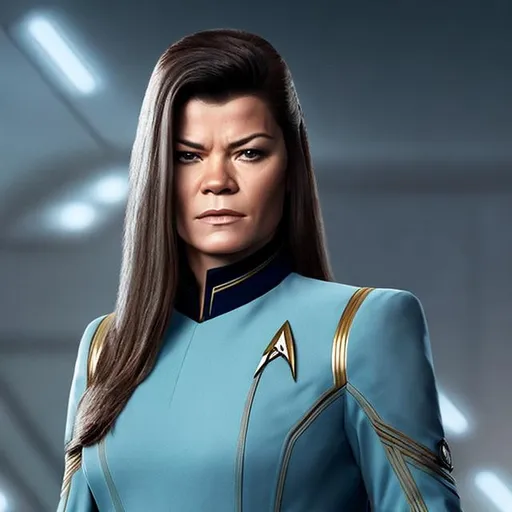 Prompt: A portrait of Ruslana, wearing a Starfleet uniform, in the style of "Star Trek the Next Generation."