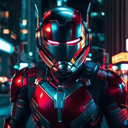 Prompt: Close-up shot of Antman cyberpunked as superhero with Ironman suit in New York city, 8k, HD, night theme, neon color 