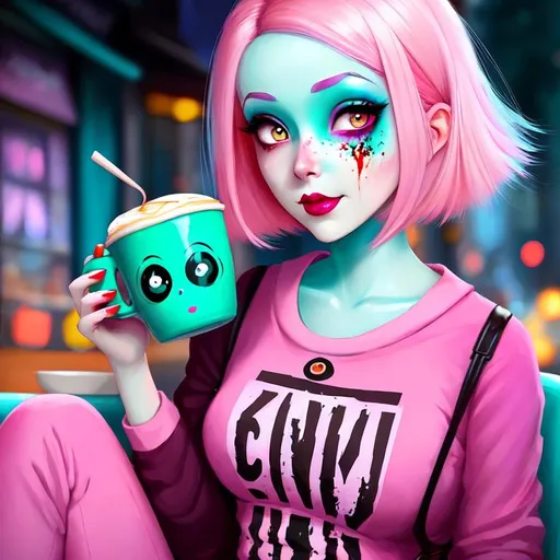 Prompt: Cute Pixar style painting of a beautiful zombie woman, pale, pink hair, teal sky, sitting at a cafe, apocalypse, donut, latte, dirty, trash, eyeball, brains, blood spatter, muted color pallette