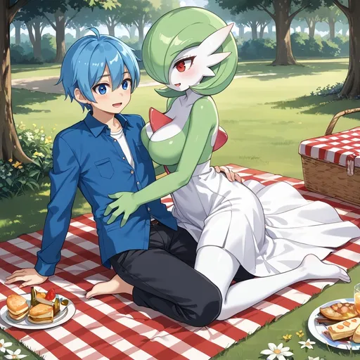 Prompt: Anthro gardevoir on a romantic picnic  date with her human boyfriend. in the park.